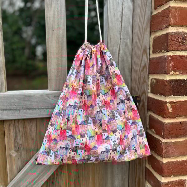 Drawstring bag - little houses travel laundry bag