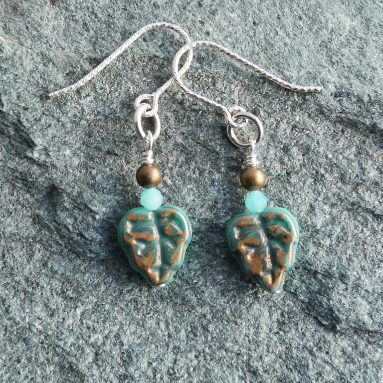 Czech Glass Leaf Earrings with Amazonite on Sparkly Sterling Silver Hooks