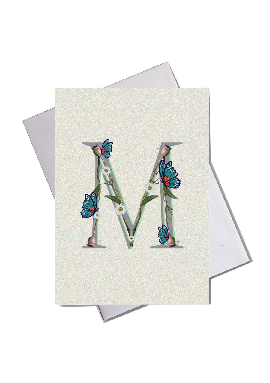 Alphabet - M - flower branch design with butterflies greeting card 