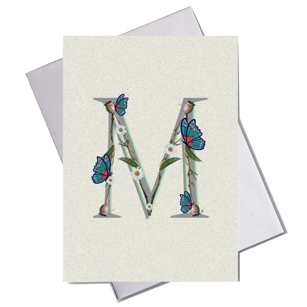 Alphabet - M - flower branch design with butterflies greeting card 
