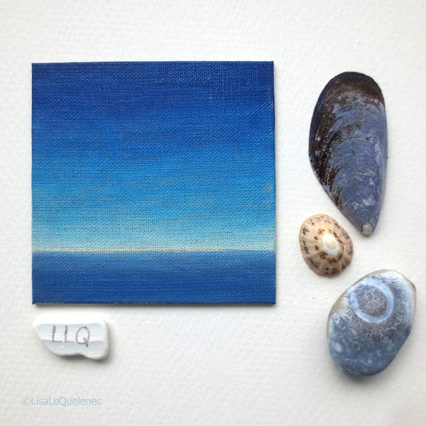 Original minimalist painting of twilight over the ocean miniature small art