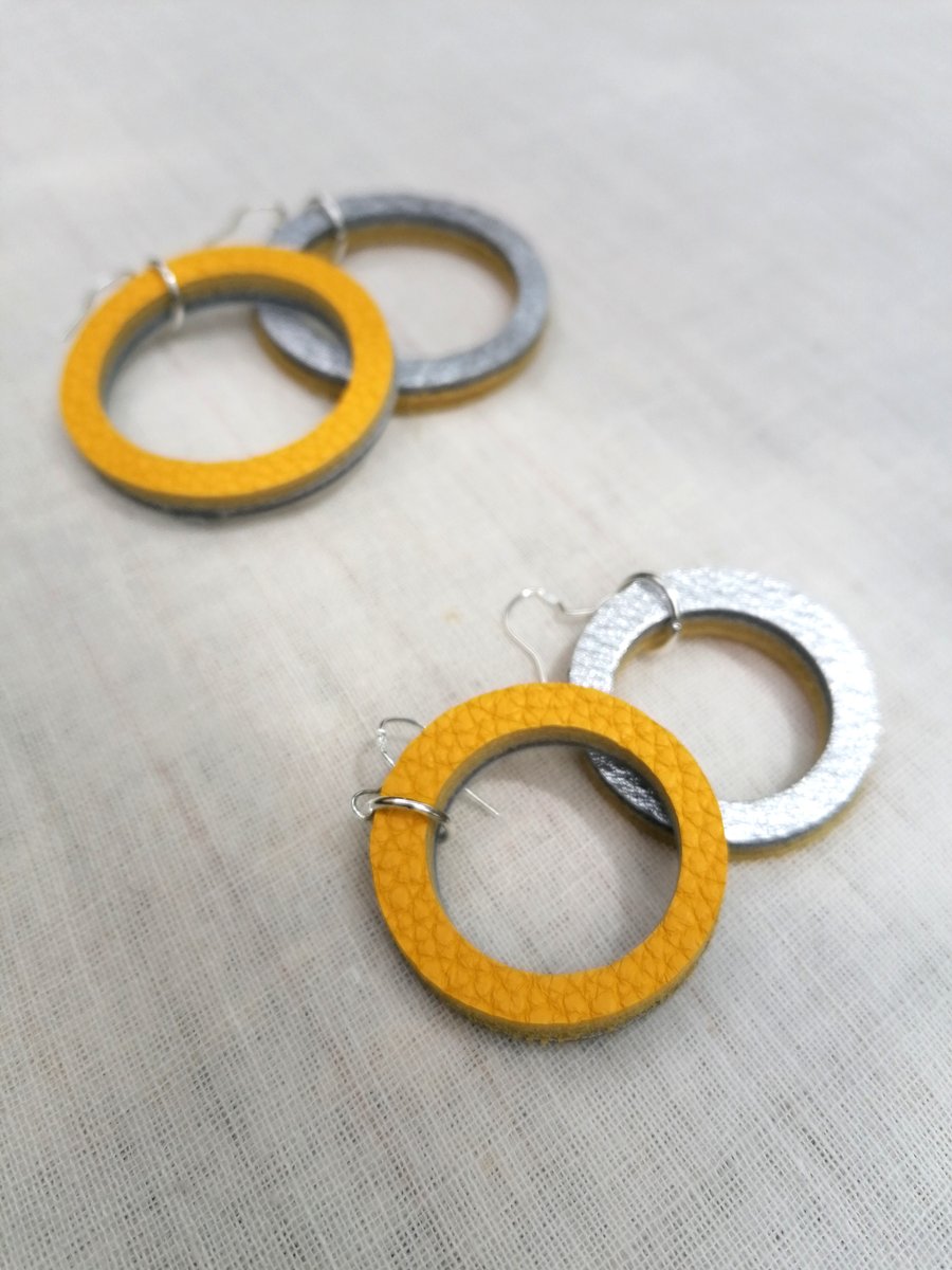 Colour Duo Leather Hoop Earrings - Silver & Yellow Medium