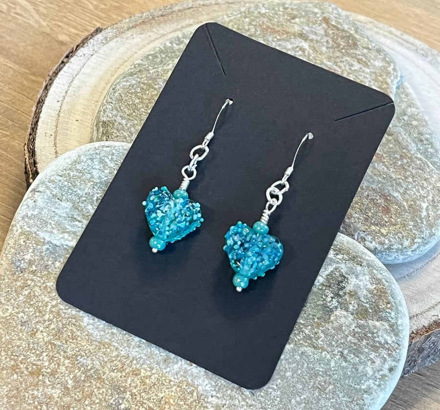 Ocean Blue lampwork glass and Czech glass heart earrings 