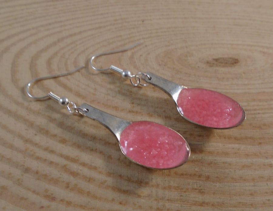Upcycled Silver Plated Pink Glow in the Dark Sugar Tong Spoon Earrings SPE061902