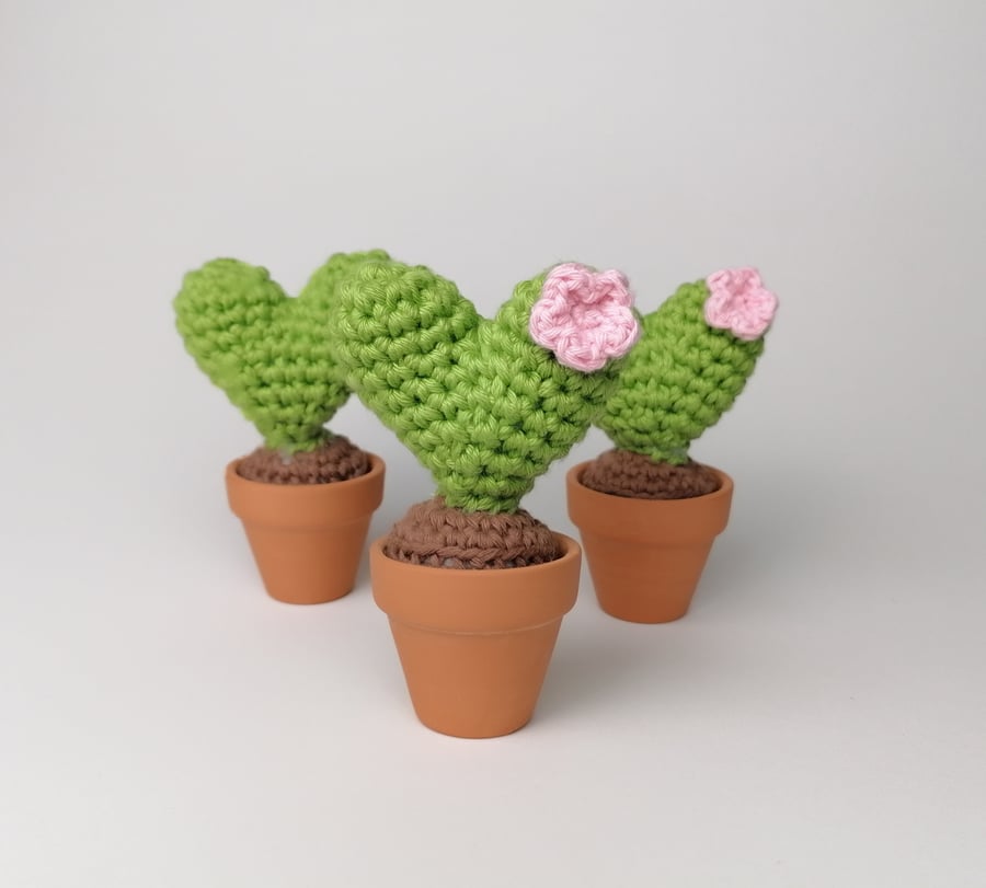 Crochet Heart Cactus with a Pink Flower