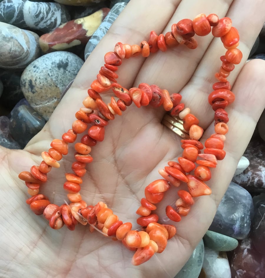 String of Polished Coral Nuggets or Chips for Crafter or Jewellery Designers
