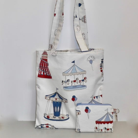 Tote bag with clip-in purse funfair fairground long handles cream lining