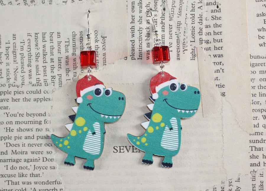 Christmas Dinosaur Wooden Earrings Red Beads