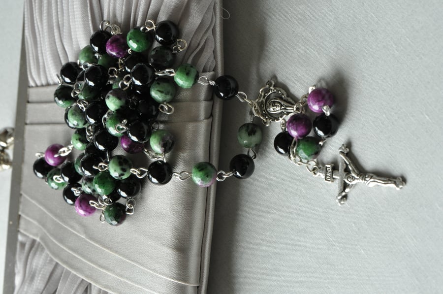 Inspiration Ruby Ziosite, Black Agate & Sugalite Rosary Beads