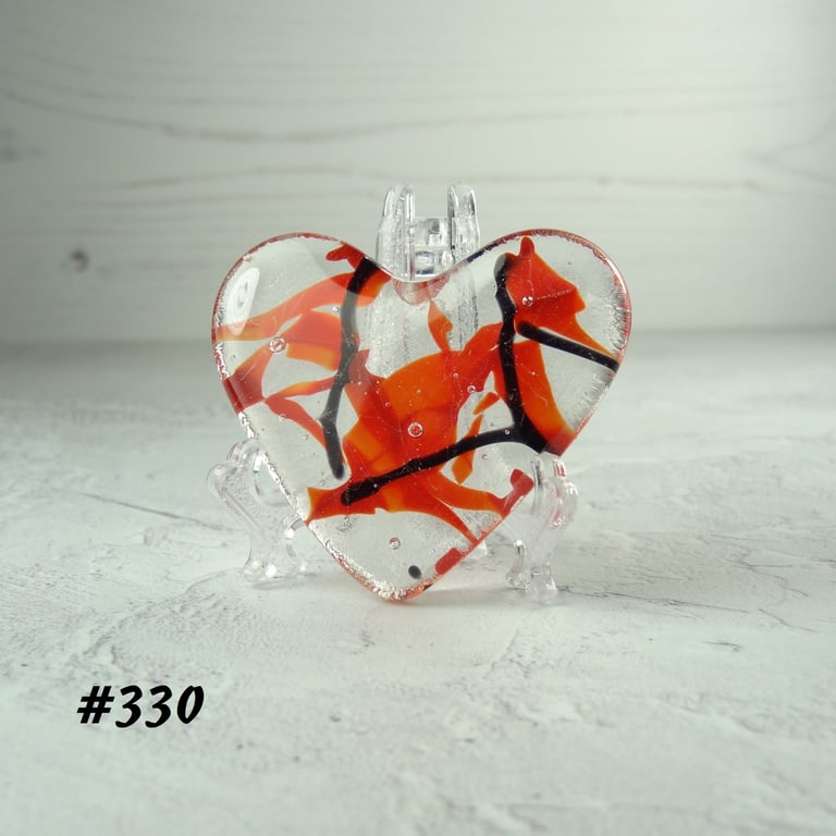 Red and black heart fused glass pocket hug with stand 5x4.5cm (330)