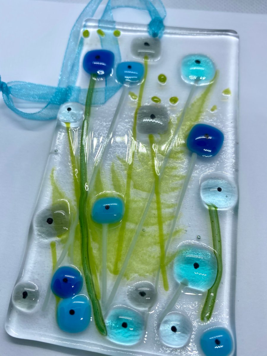 Fused glass fern and retro flowers hanging decoration