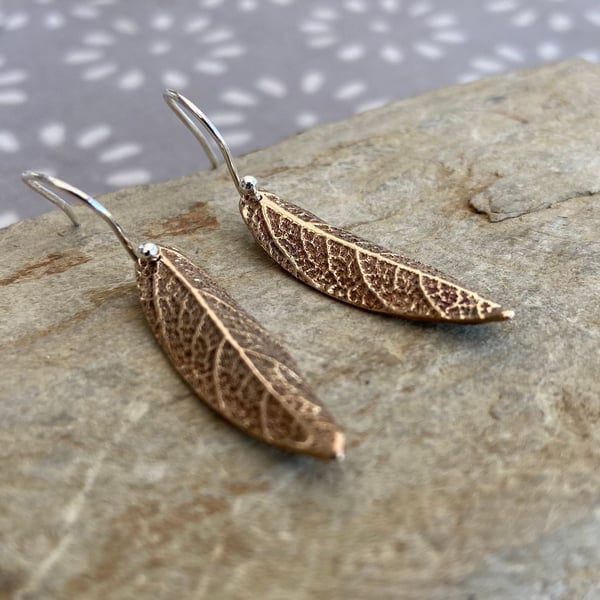 Bronze sage leaf earrings, sterling silver ear wires