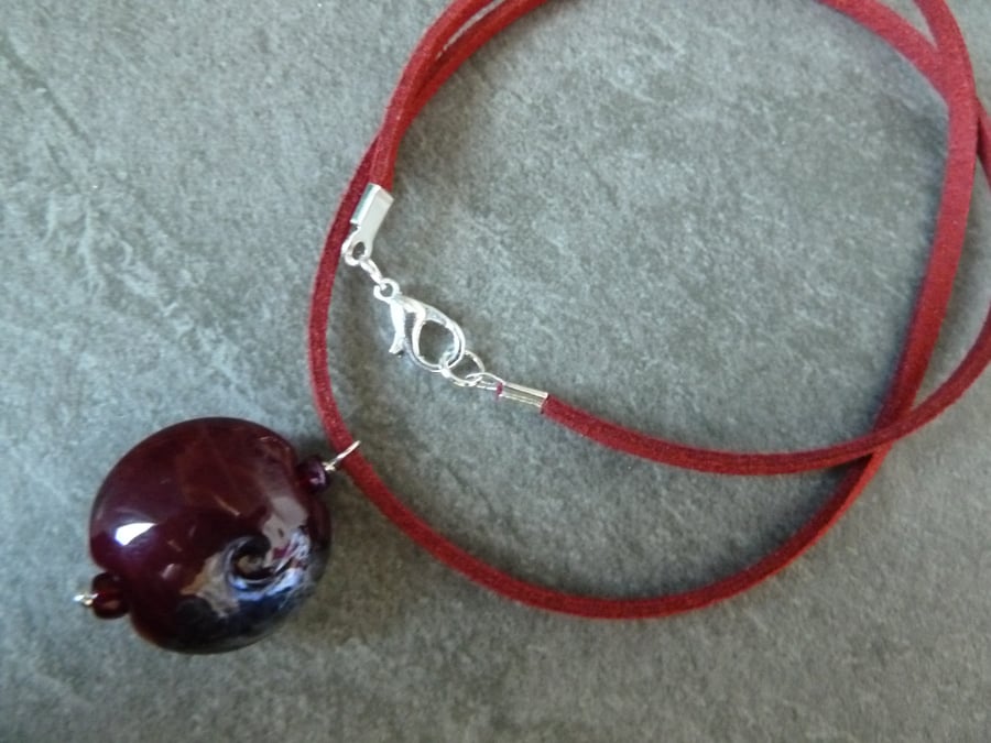 faux suede necklace, dark red lampwork pendant