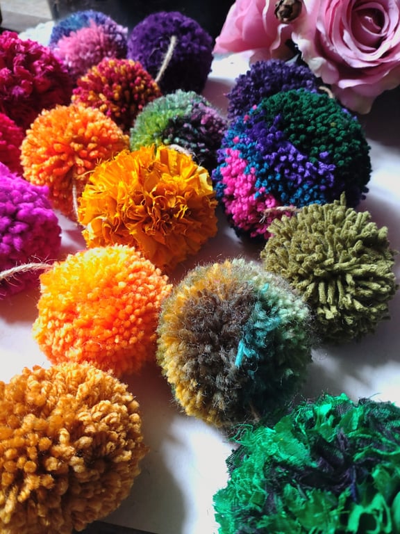 Wool and Sari Silk Pompom Garland, Mixed Colours, Eclectic Bohemian Interiors.