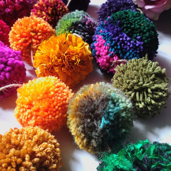 Wool and Sari Silk Pompom Garland, Mixed Colours, Eclectic Bohemian Interiors.