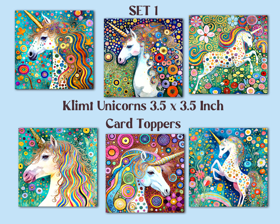 Klimt Unicorns Square Card Toppers for Card Making, Tags, Journals, Scrapbooks