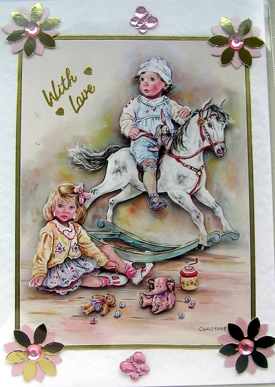 Nursery Rocking Horse - Hand Crafted Decoupage Greeting Card - With Love 2808