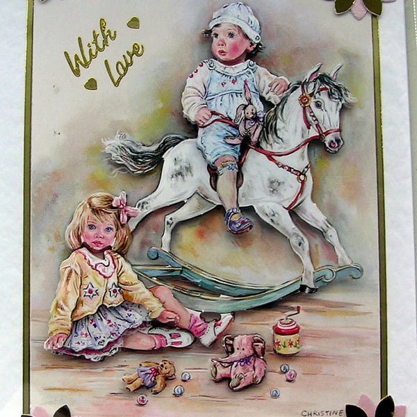 Nursery Rocking Horse - Hand Crafted Decoupage Greeting Card - With Love 2808