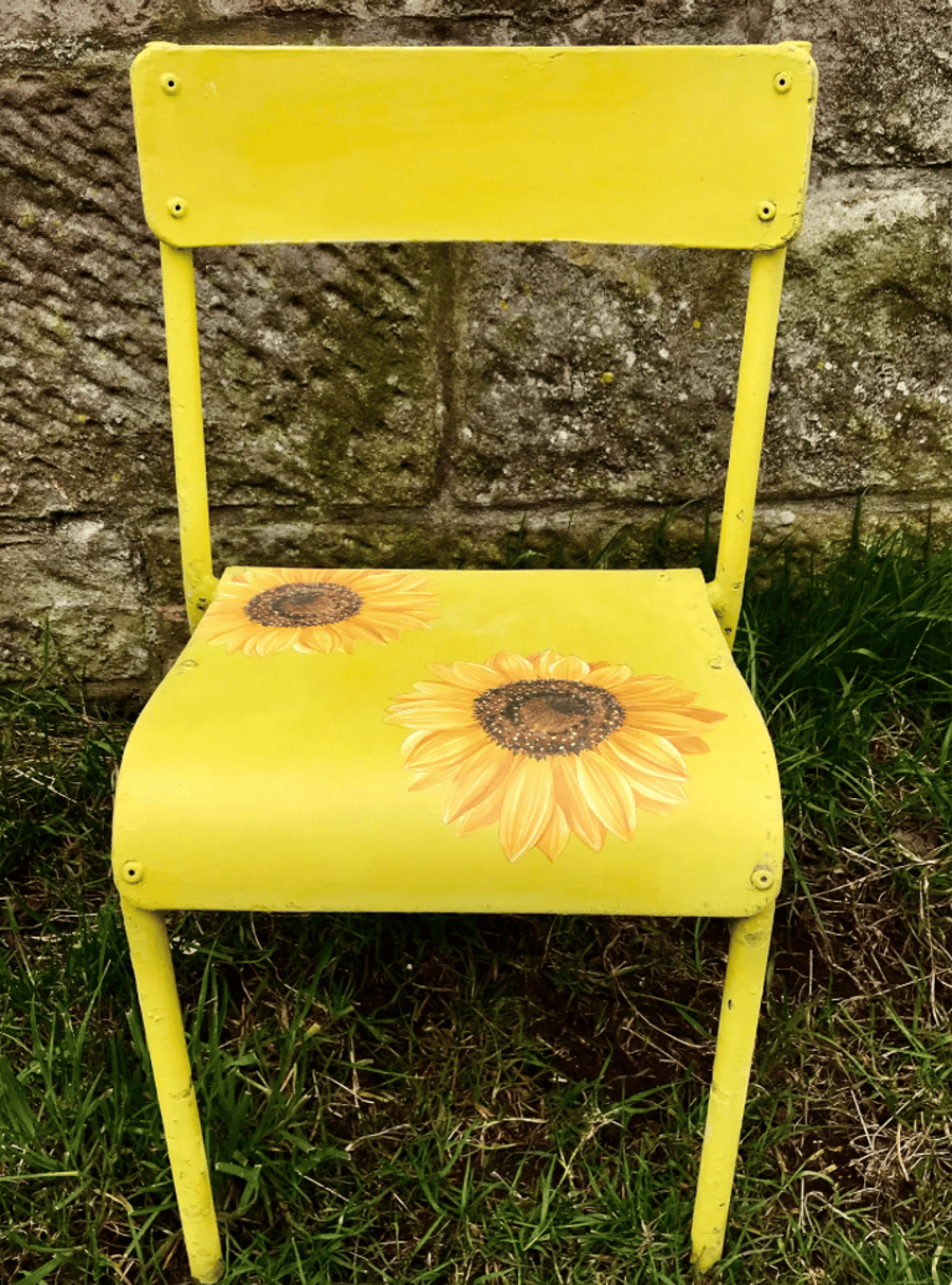 Vintage painted yellow school chair with sunflowers 