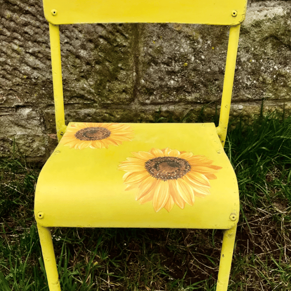 Vintage painted yellow school chair with sunflowers 