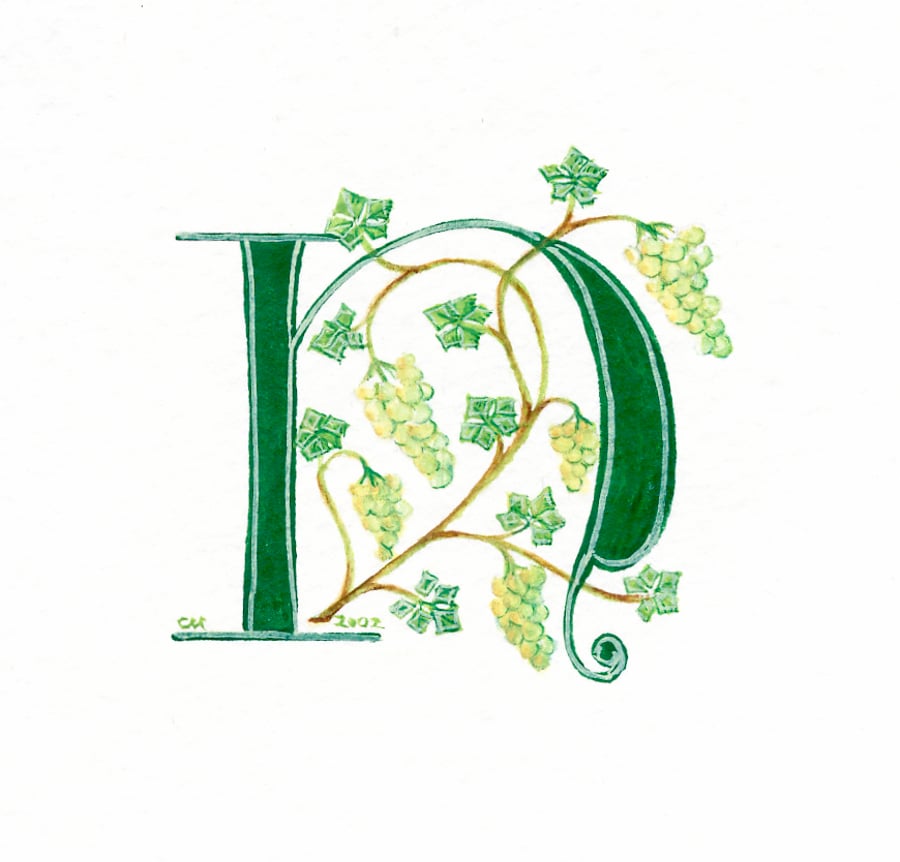 Letter in green handpainted with grapes and vine.