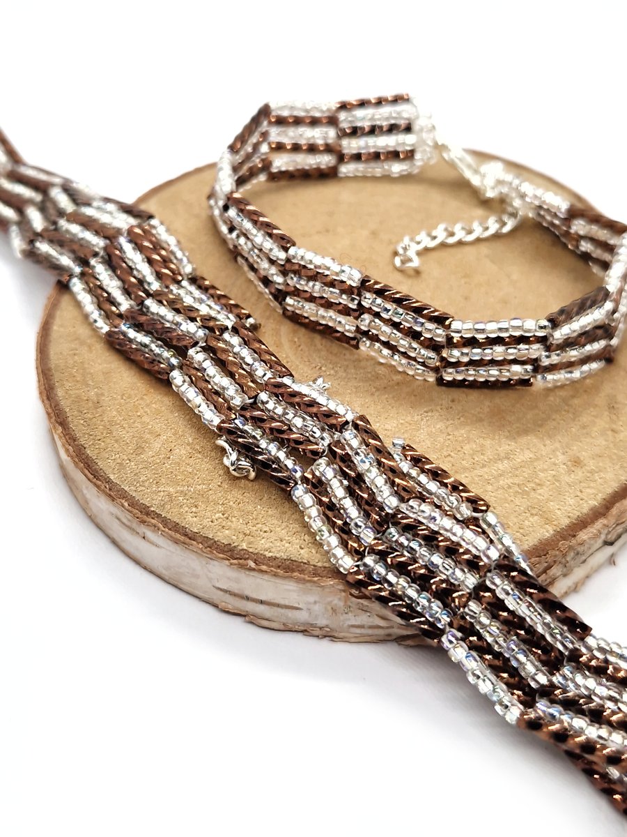 Glittering silver and bronze bugle bead bracelet and choker necklace set