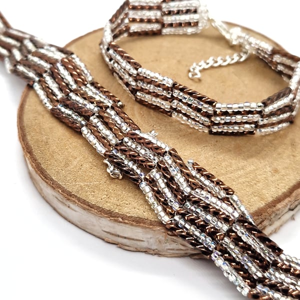 Glittering silver and bronze bugle bead bracelet and choker necklace set