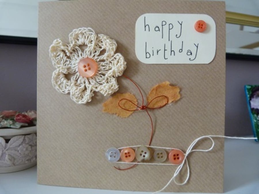 Cream Crochet Flower Birthday Card
