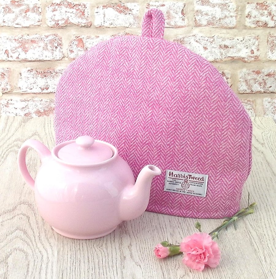 Harris Tweed tea cosy pink and cream herringbone fabric teapot cover