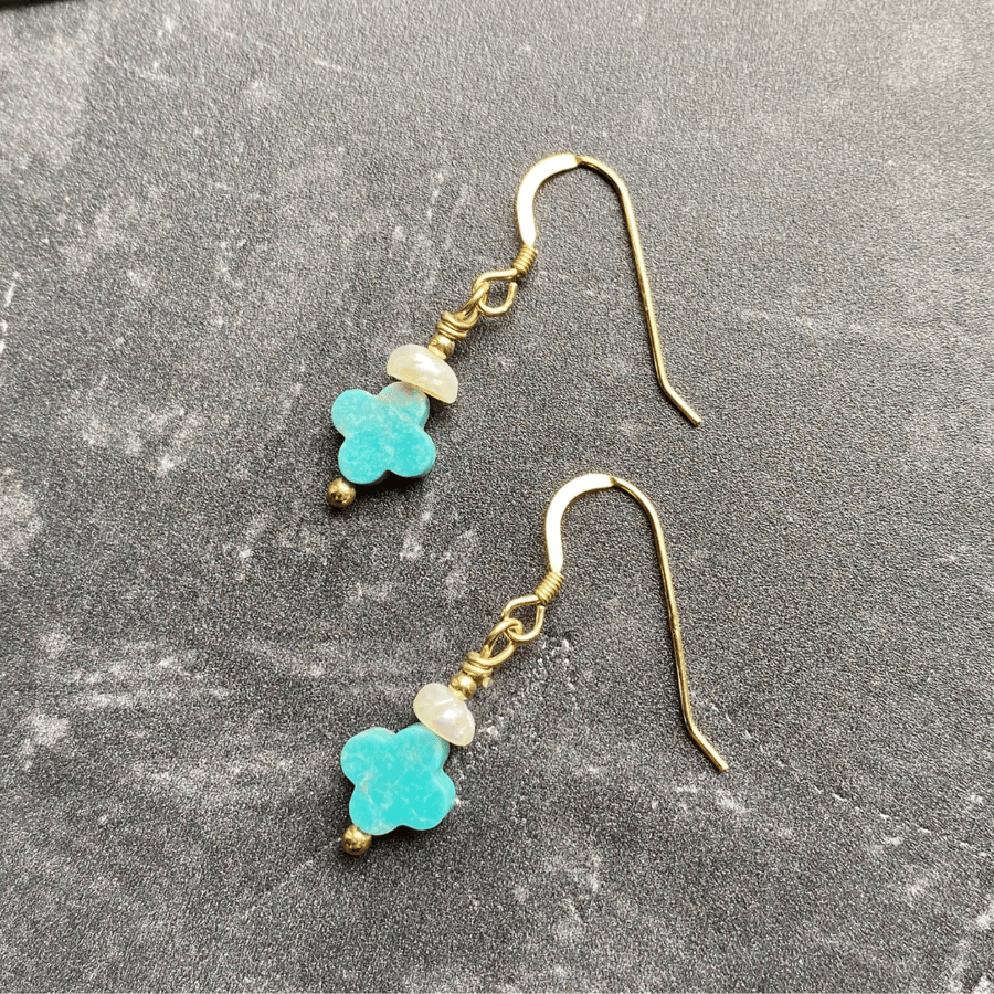 Freshwater Pearl & Sleeping Beauty Turquoise Gold Vermeil Earrings