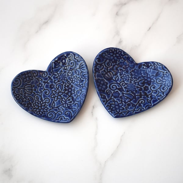 Pair of small heart shaped textured trinket dishes