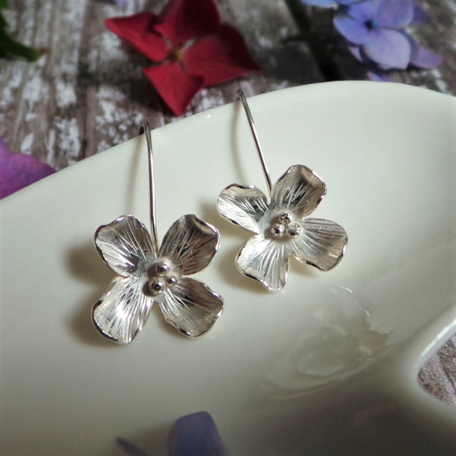 Silver Hydrangea Drop Earrings - Floral Earrings