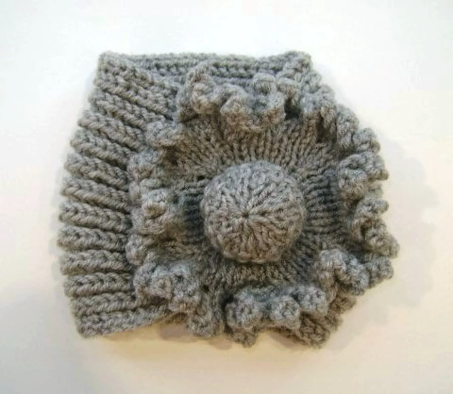 Ladies Flower Neck Warmer in Grey Aran Wool