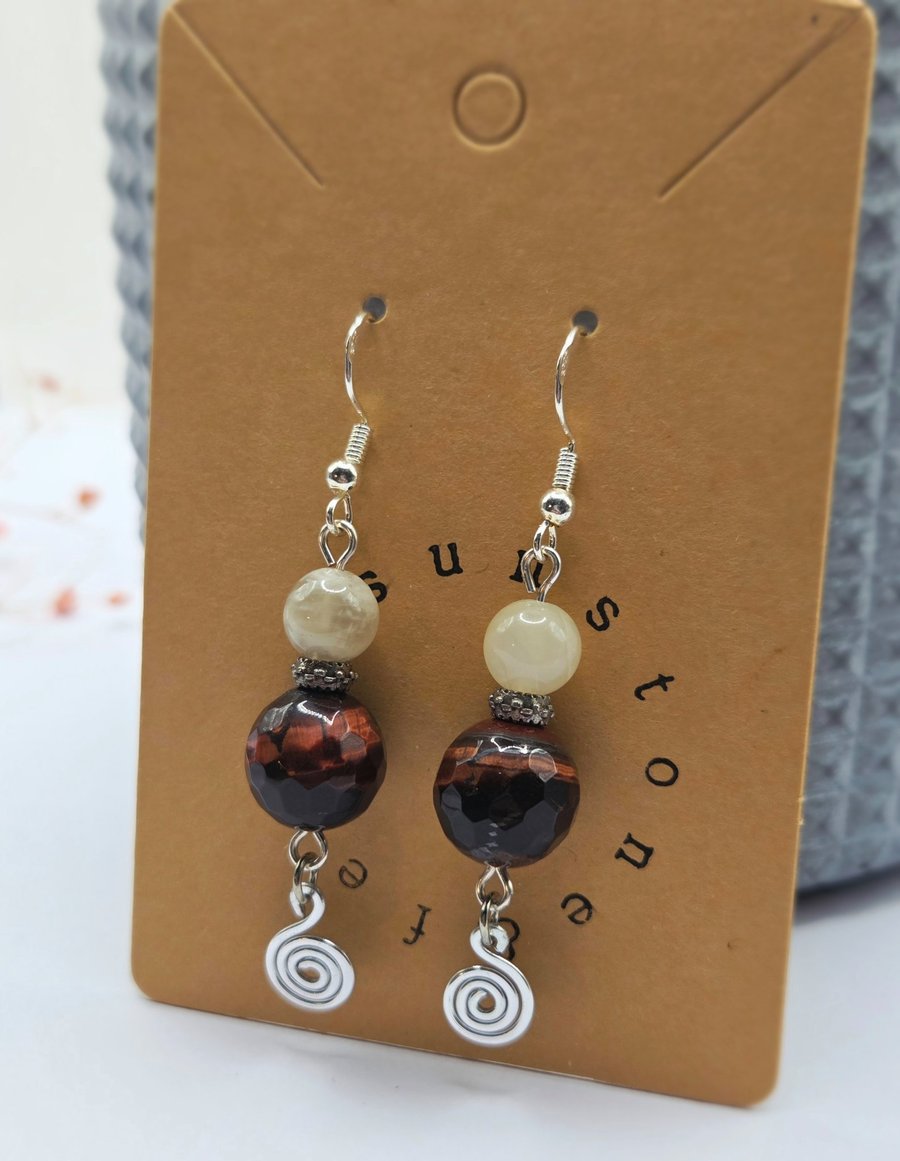 Sterling Silver Red Tiger's Eye And Calcite Beaded Earrings With Spiral Charms