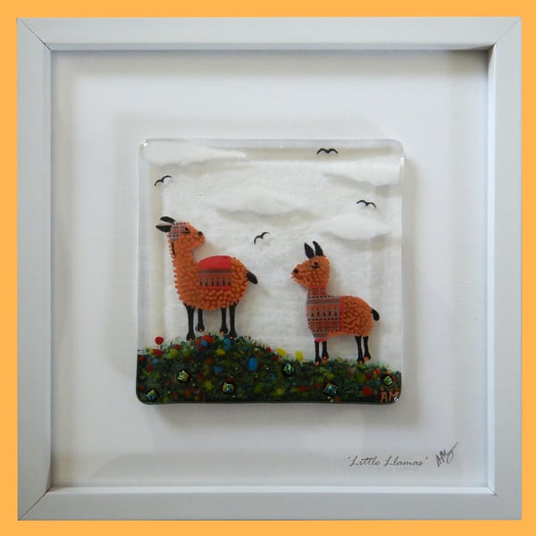 Handmade Fused Glass 'Little Llamas' Picture
