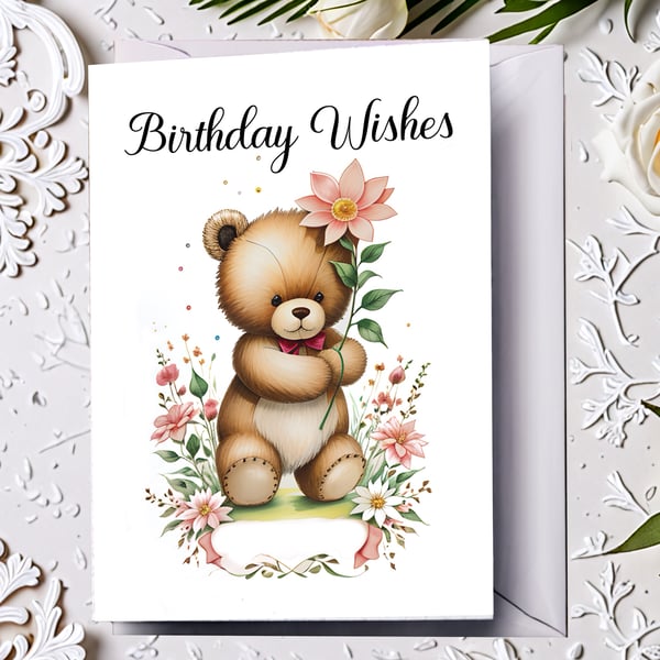 Birthday Wishes Teddy Bear Holding a Flower Birthday Card  Size 5" x 7"