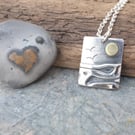 Silver beach, sea coast pendant, with brass sun and seagulls