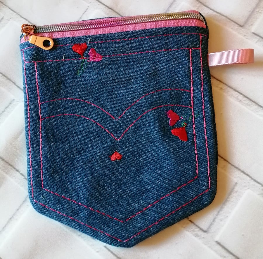 EMBROIDERED HEARTS DENIM MAKE UP BAG