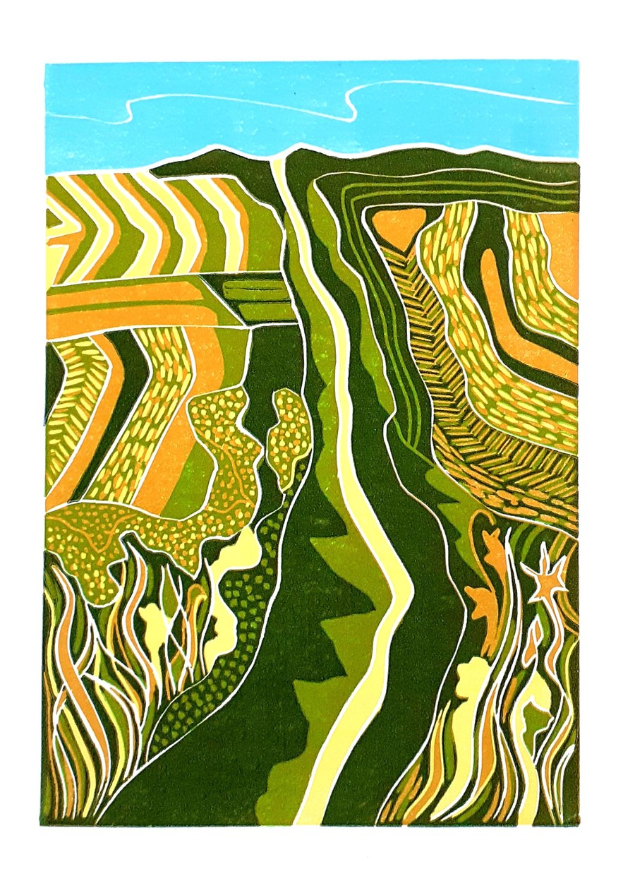 Landscape linocut, `Onwards and Upwards`.