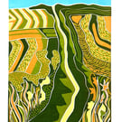 Landscape linocut, `Onwards and Upwards`.