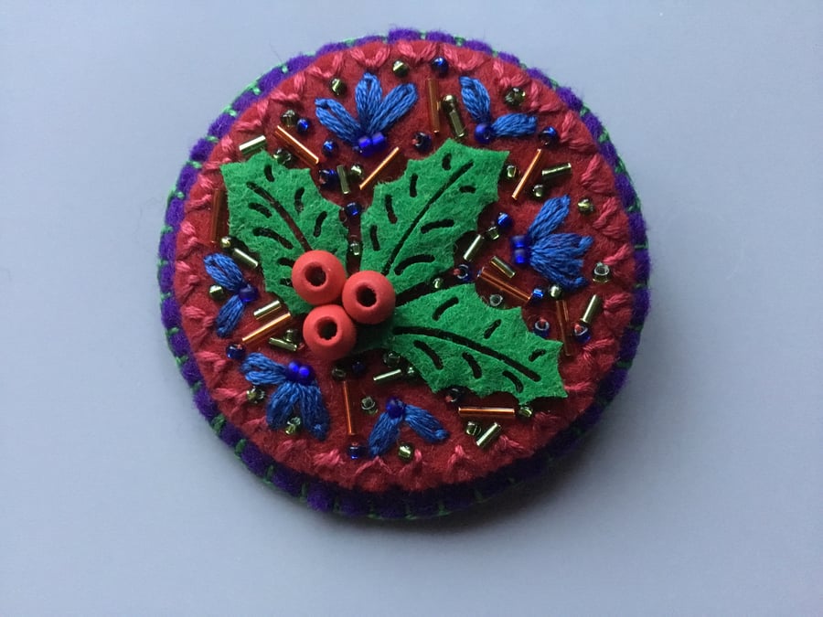 Hand Embroidered Festive Holly Brooch