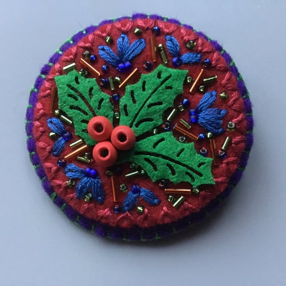 Hand Embroidered Festive Holly Brooch