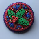 Hand Embroidered Festive Holly Brooch