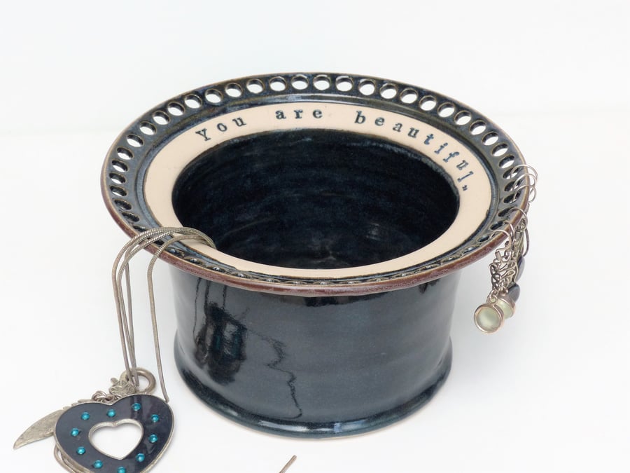 Charcoal Blue Grey Ceramic Jewellery Bowl for earrings, bracelets and bangles. 