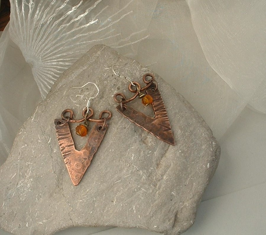 "Shabby Chic" Rustic Copper Earrings with Vintage Amber Beads
