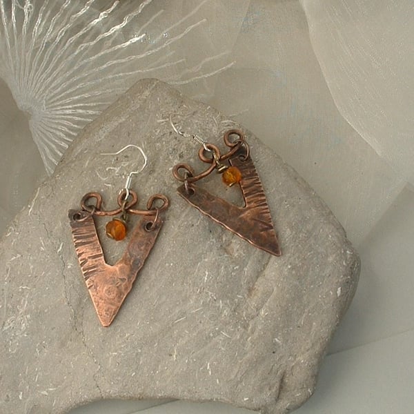 "Shabby Chic" Rustic Copper Earrings with Vintage Amber Beads