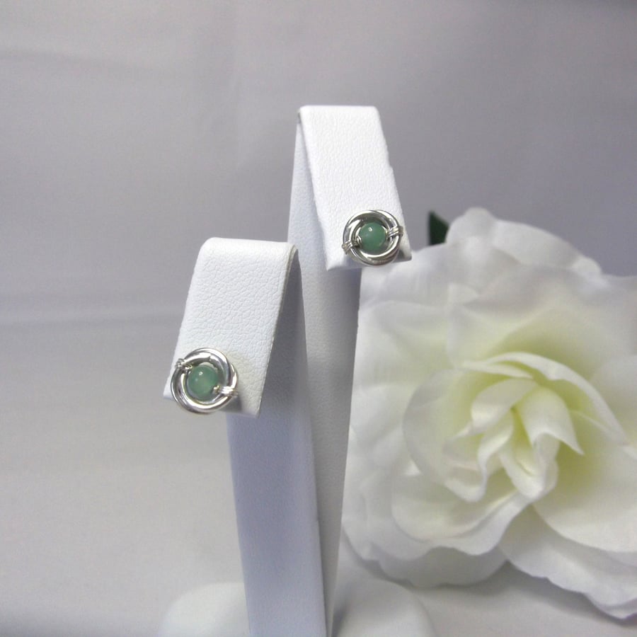Green Aventurine gemstone Russian wedding ring style silver stud earrings