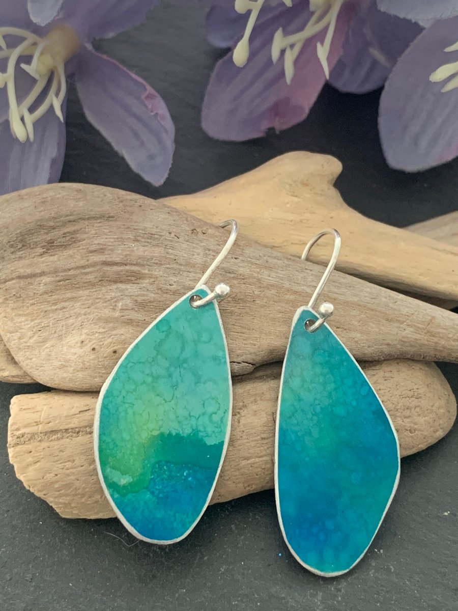 Printed Aluminium and sterling silver earrings -Blue and Green