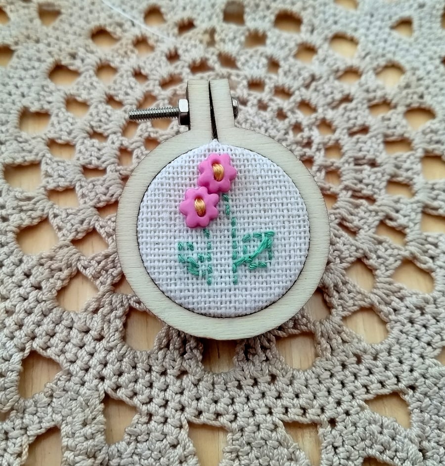 Pink Flowers Embroidery Hoop Brooch