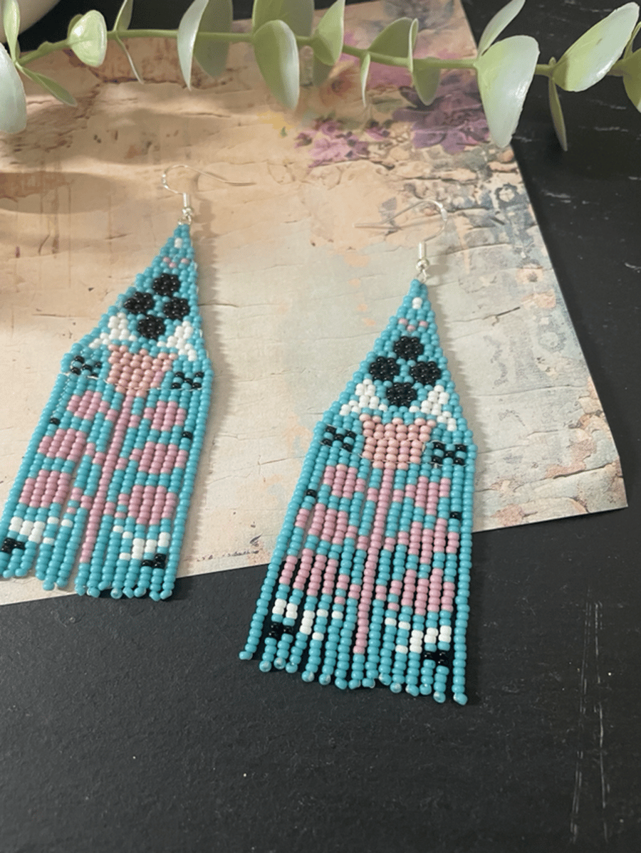 Delicate unique handmade beaded fringe folk art design earrings, boho, 